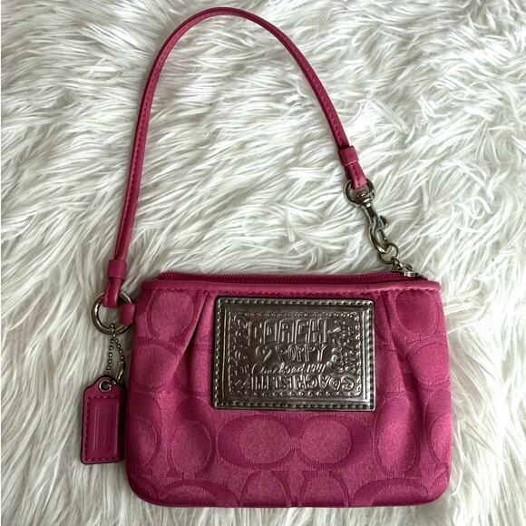 COACH Poppy Pink Silver Wristlet - Picture 1 of 8